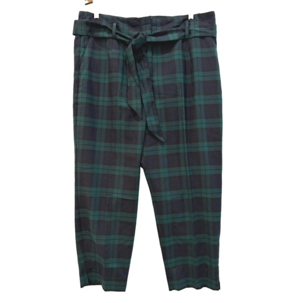 Talbots Size‎ 16 Petite Navy & Green Plaid Ankle Straight Tie Waist Belt Pants